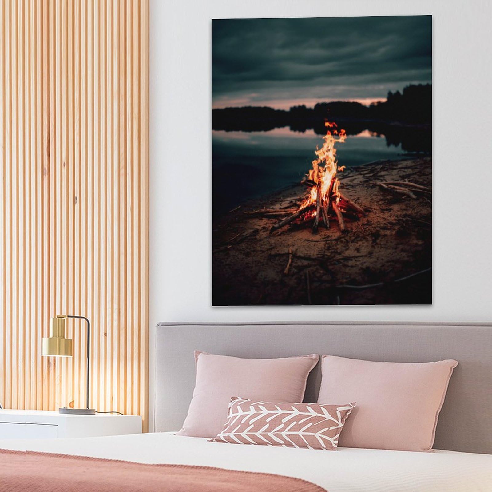 Amazon.co.jp: 絵画 夜の湖畔でキャンプファイヤーインテリア 絵画