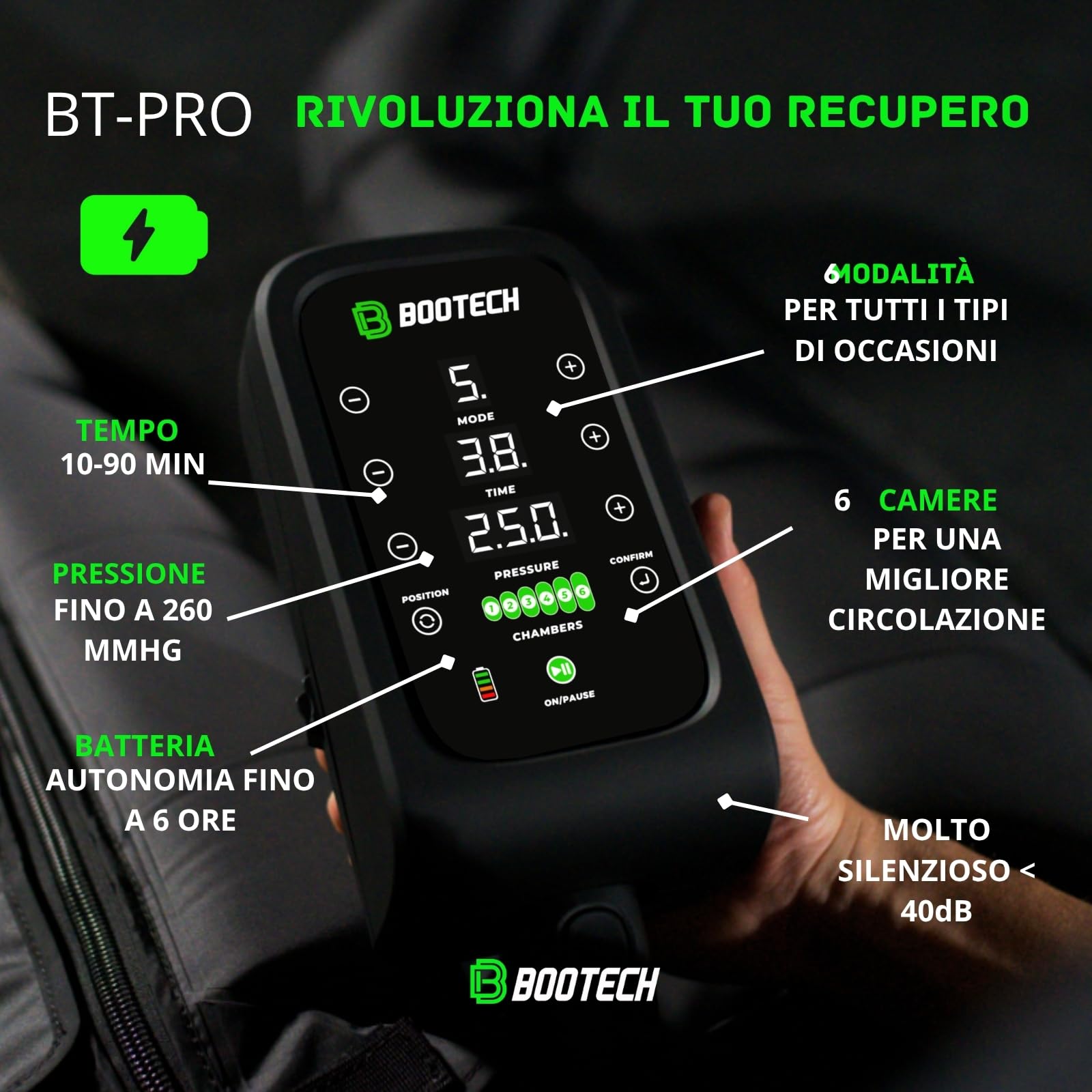 BOOTECH Pressoterapia Premium ricaricabile per casa, massaggiatore per gambe stanche, migliora la circolazione, recupero muscolare linfatico cellulite batteria 6H, 3 anni di garanzia (L)