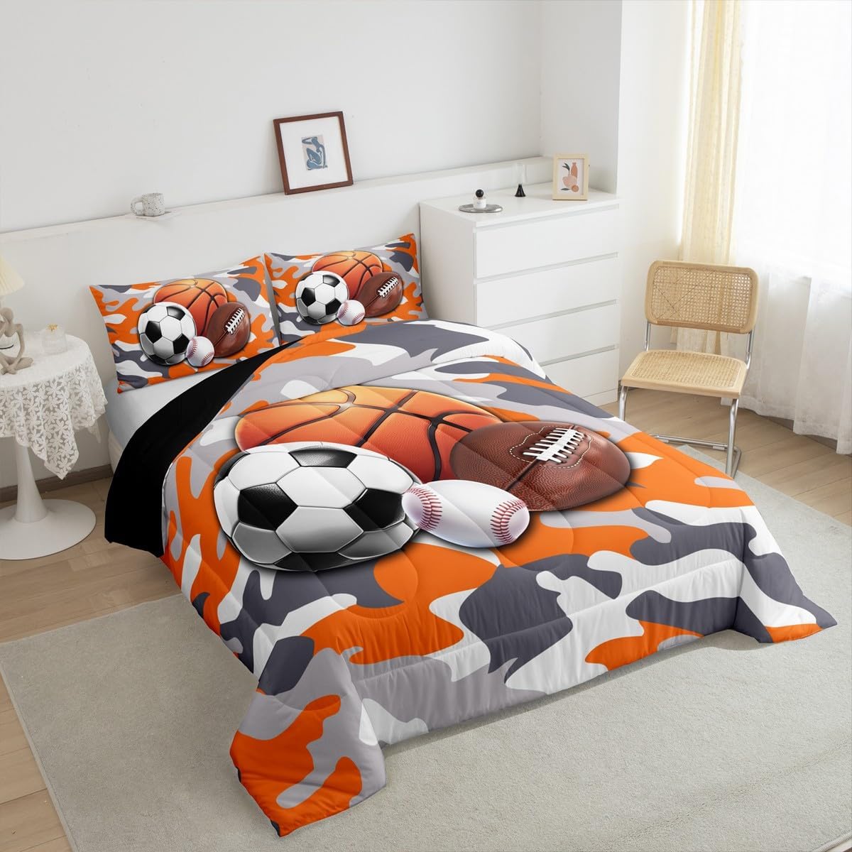 jejeloiu Ball Comforter Set Full Size Soccer Ball Game Comforter Gift for Ball Game Lover Bedding Set Baseball Duvet Set Room Decor Orange Quilt Set - Image 4