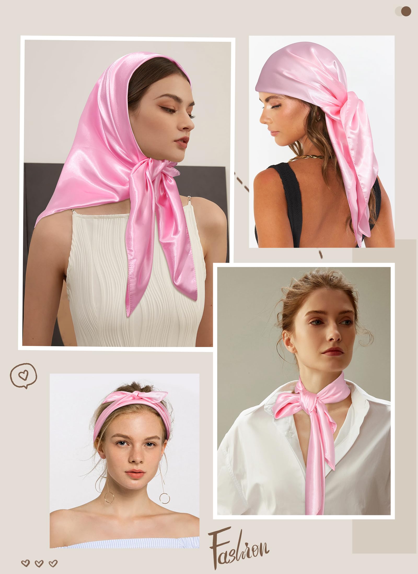 Bufanda grande de 35 pulgadas para la cabeza para mujer, bufanda de satén para la cabeza, 2 unidades, bufanda cuadrada de seda para el cabello, bufanda para el cuello, Rosa+rosa claro 5