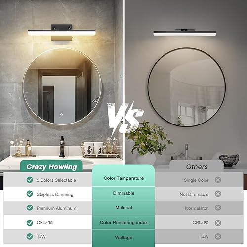 Miniatura 9 de Lámpara LED negra de 15.7 pulgadas para tocador de baño, 5 CCT, accesorio de montaje en pared regulable con ángulo ajustable, iluminación moderna