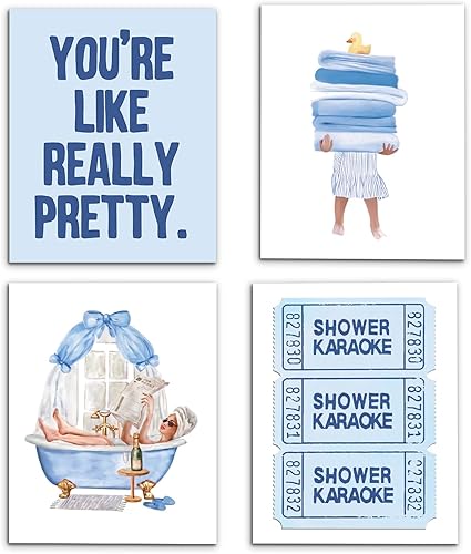 VIIJJUE Juego de 4 impresiones artísticas de pared para baño de color azul, retro, para ducha, karaoke, femenino, decoración artística para niñas,