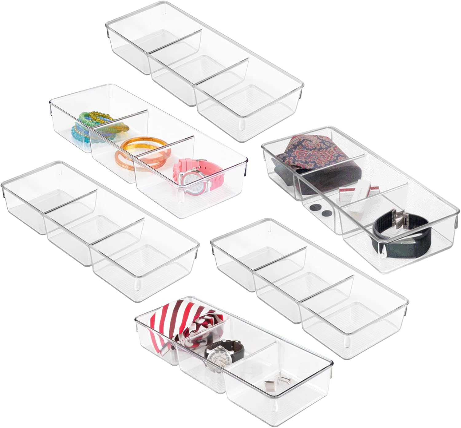 iDesign 3-Section Drawer Organizer for Kitchen, Bathroom, and Desk Drawers - Set of 6 - Clear