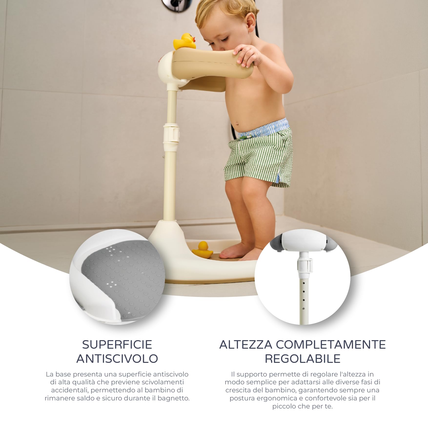 Ms BabyWorld - Supporto per vasca da bagno e doccia, con base antiscivolo, altezza e larghezza regolabile, pieghevole - Torre regolabile per bambinI - Aiuta il passaggio alla doccia in piedi (Grigio)