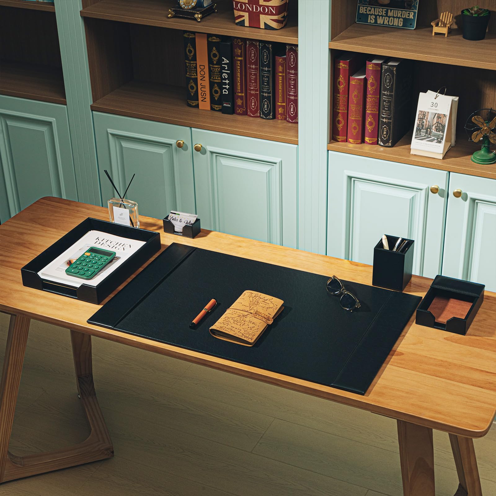 Sayglossy Schreibtischunterlagen-Zubehör-Set aus Leder – Schreibunterlage, Mattenschutz, Organizer mit Seitenschienen zum Schreiben, Büro, Zuhause, Arbeitsplatz, Schreibtischzubehör (schwarz)