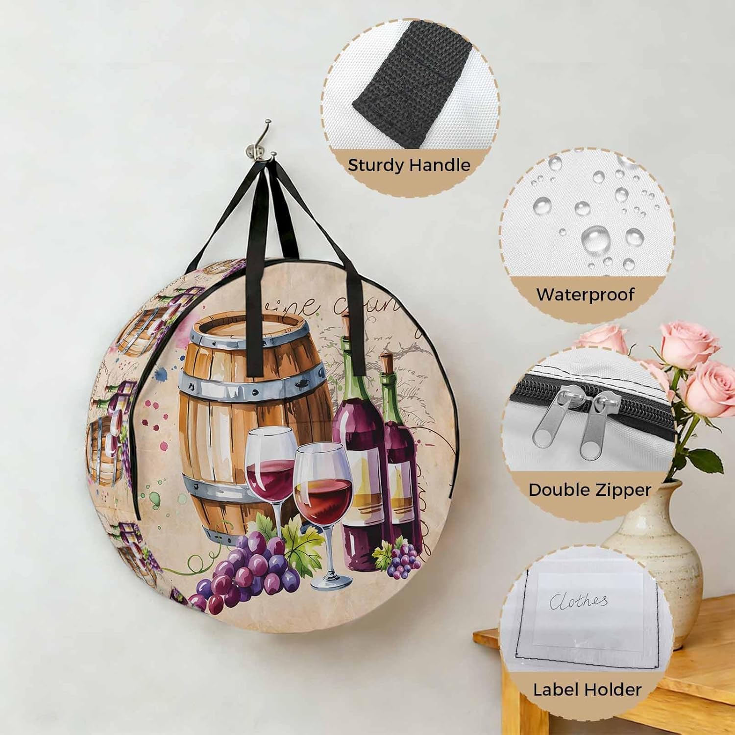 Storage Bag Wine Cask Round Storage Totes Bins Closet Organizers with Zippers & Handle Retro Farmhouse Grape Clothes Storage Container for Bedroom Dorm Space Saving Packing Supplies Moving Bags
