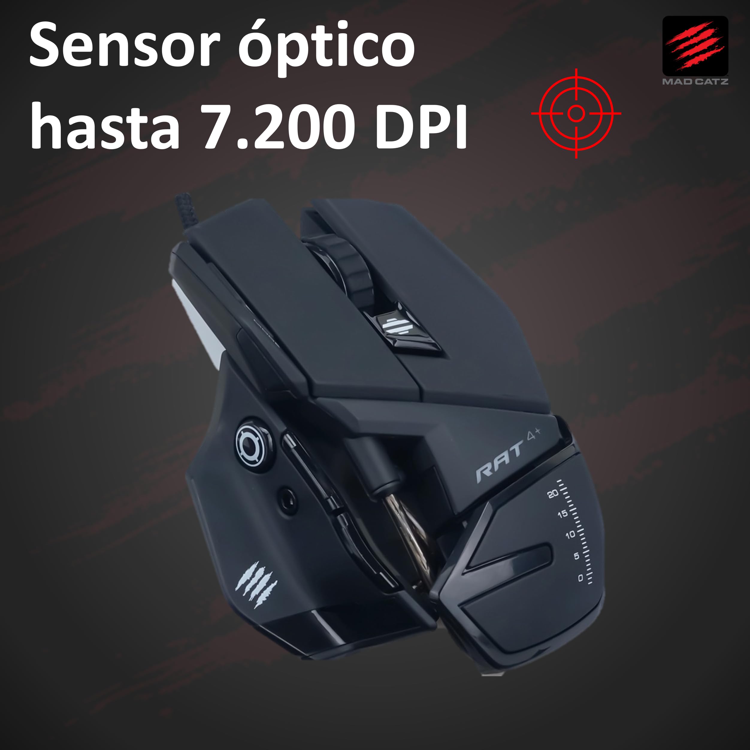 Ratón Gaming Mad Catz R.A.T. 4+ – Sensor Óptico 7200 DPI – 7 Botones Programables – Diseño Ergonómico Ajustable – PC
