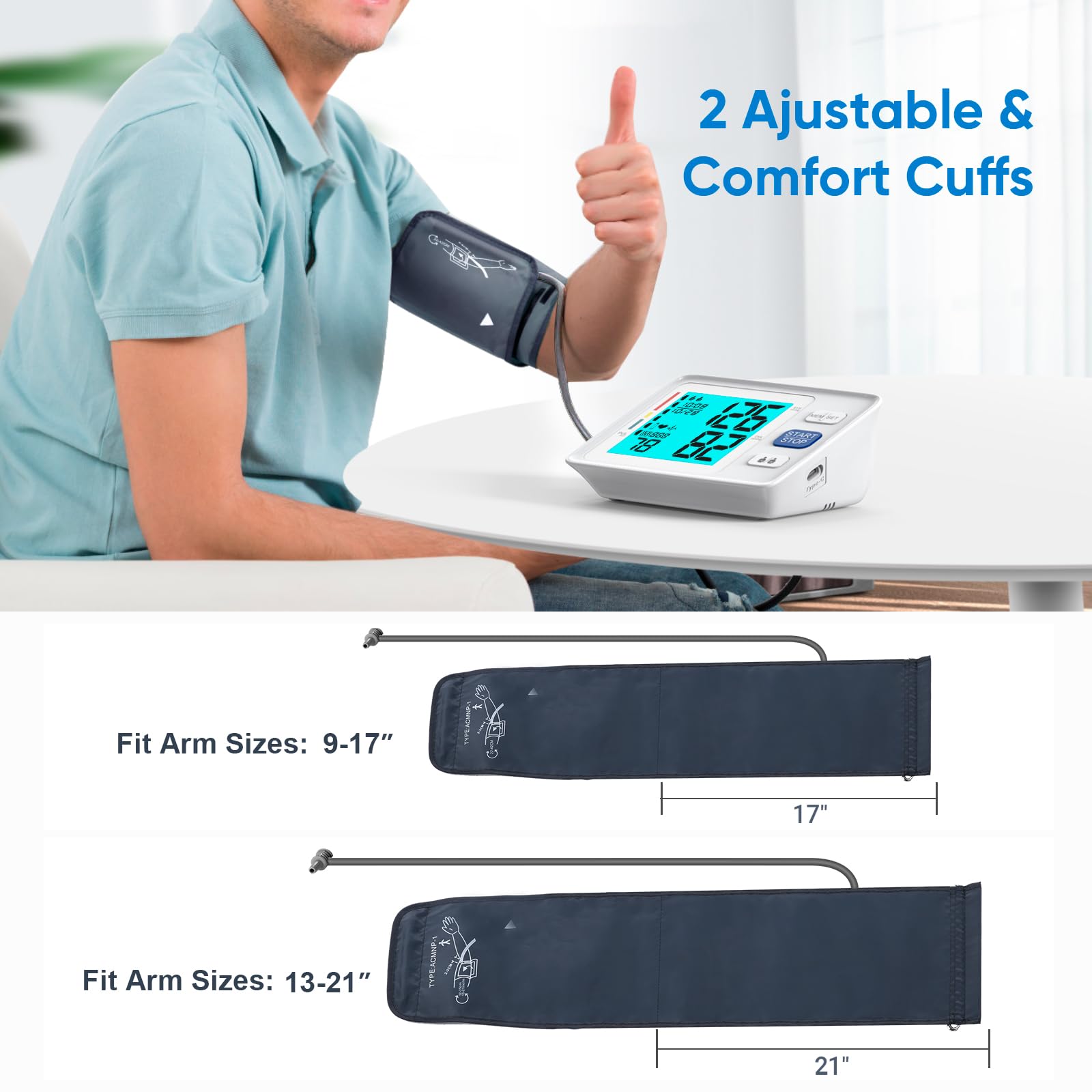 Blood Pressure Monitor for Home Use Extra Large Cuff Automatic Digital Blood Pressure Machine 9-17''&13-21''Adjustable Blood Pressure Cuff- Backlit Display 2x500 Memories 4AAA Batterie Carrying Case