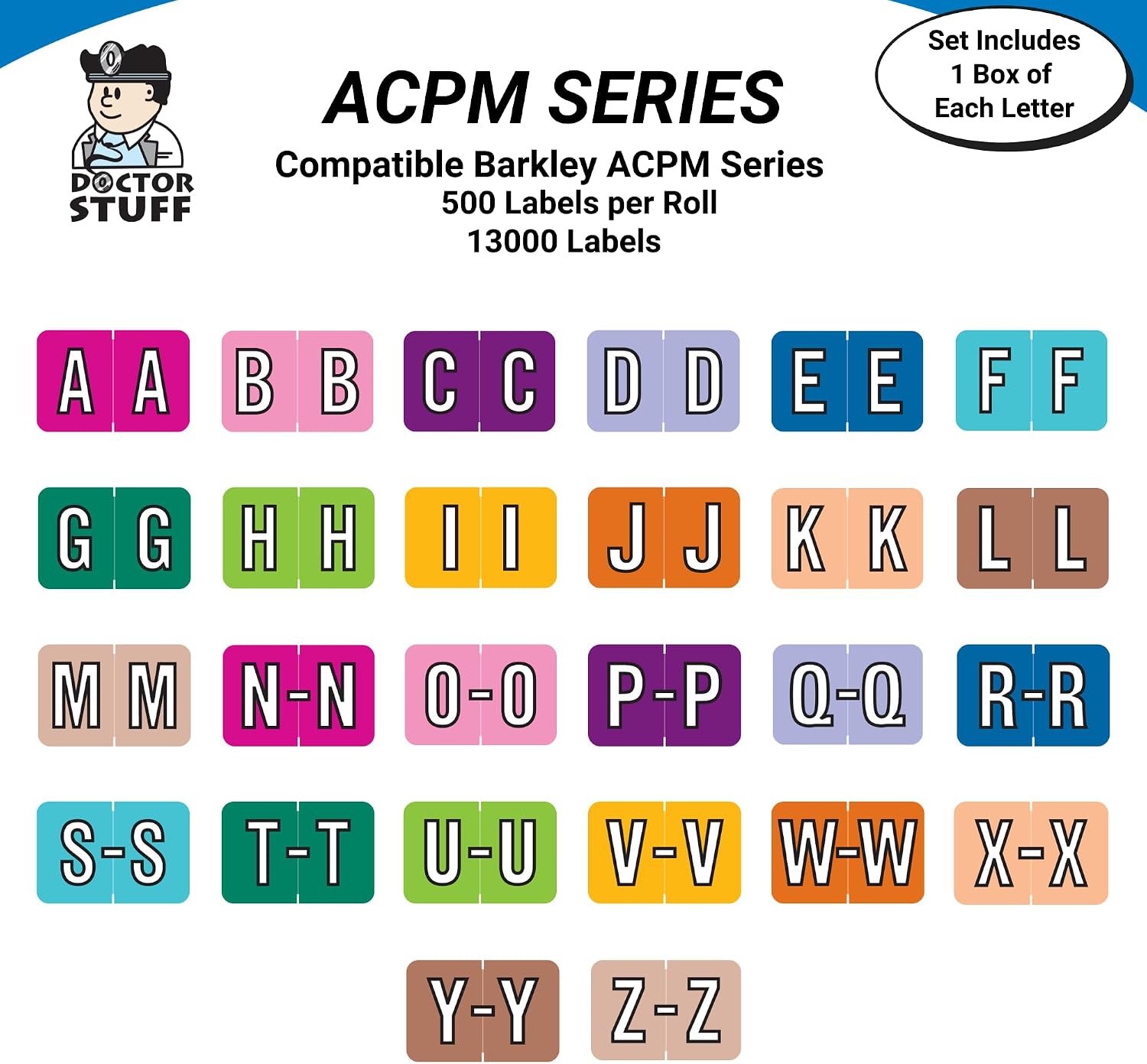 Doctor Stuff - File Folder Labels, Alphabet Letter, Complete Set A-Z, with Tray, Barkley FACPM - ACPM Series Compatible Alpha Stickers, 1" x 1-1/2", 26 Rolls, 500/Roll