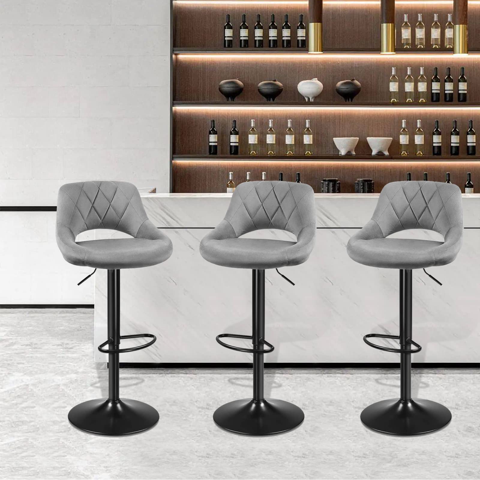 Taburete de bar, silla giratoria, taburete de cocina, taburete de Bistrot de terciopelo, sillas de altura ajustable con respaldo y reposapiés (2 unidades, gris claro)