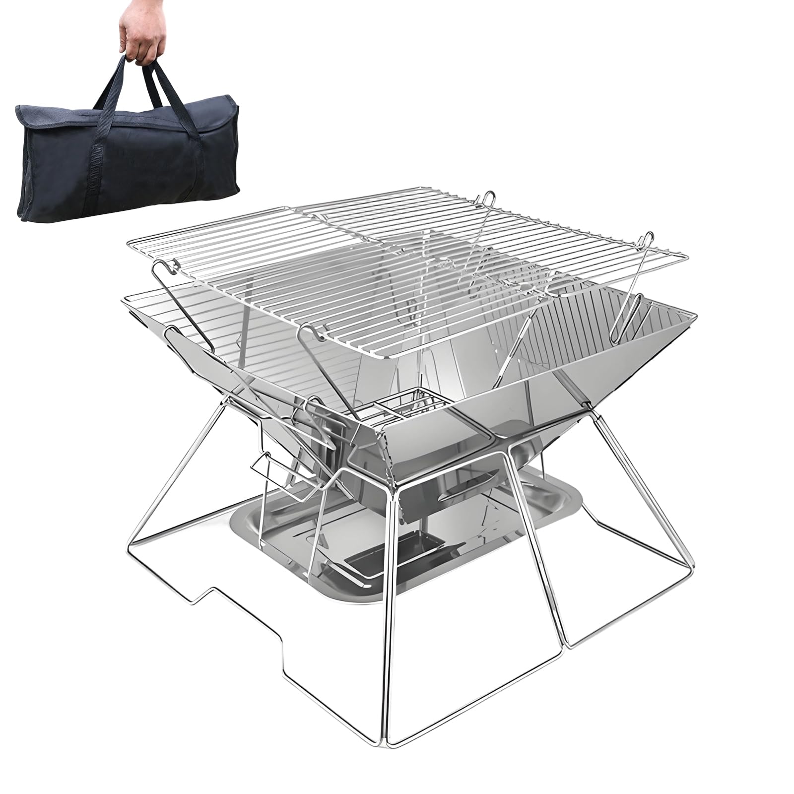 Palenisko ze stali nierdzewnej z rusztem do grillowania, 31 x 31 cm, przenośny grill kempingowy z rusztem o regulowanej wysokości i tacką na popiół, składane palenisko do użytku na zewnątrz, do ogrodu