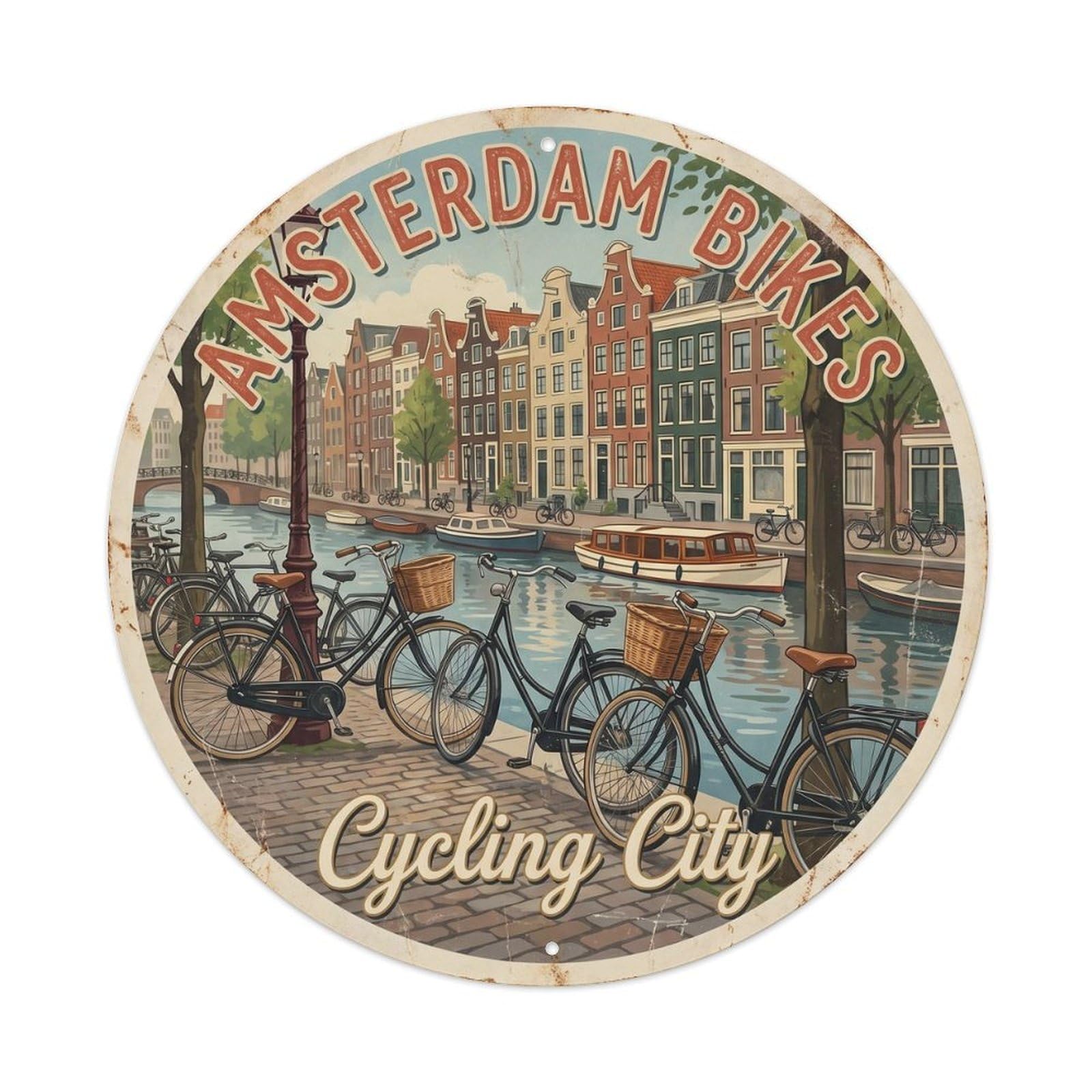 Vintage Travel Amsterdam Bicycle Culture Metal Tin Sign Plaque Wall Decor for Cafe, Club, Garden Round Metal Poster 8x8Inch