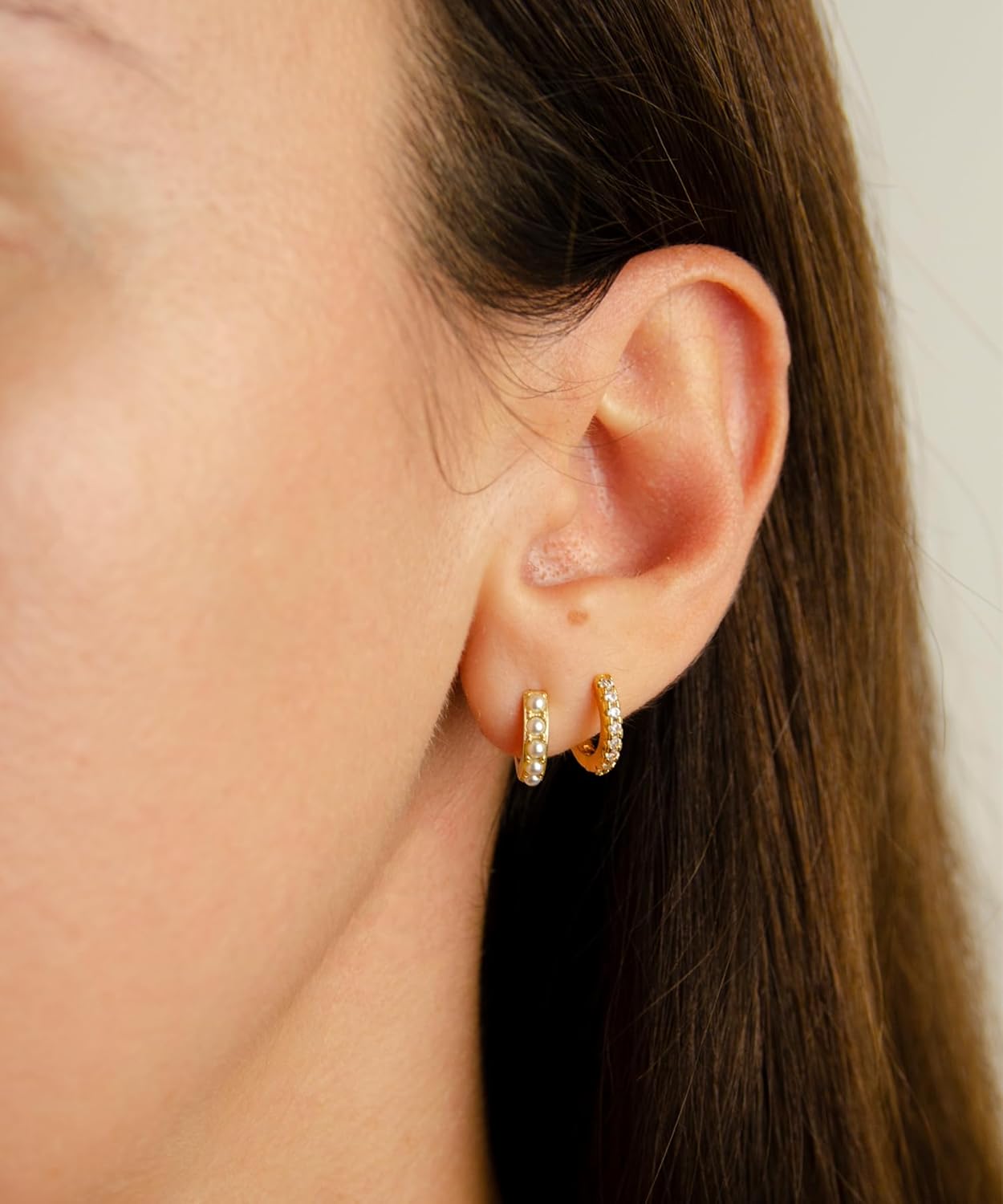 LAVLA Pearl Huggie Earrings | 14k Gold Plated or Silver Small Tiny Pearl Hoop Earrings For Women - Image 3