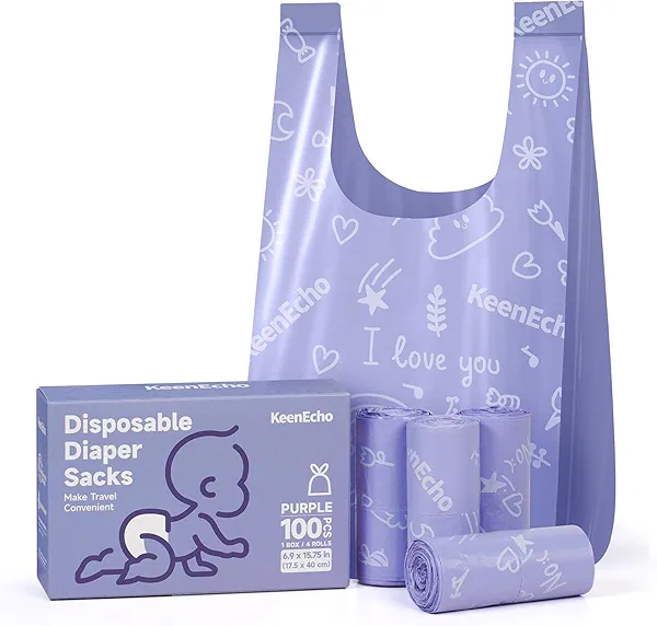 KeenEcho Disposable Diaper Bags with Handles 100 Count (4 Rolls), Unscented Leak-Proof Diaper Trash Bags & Sacks or Pet Waste Bag, Ocean Recycled Plastic