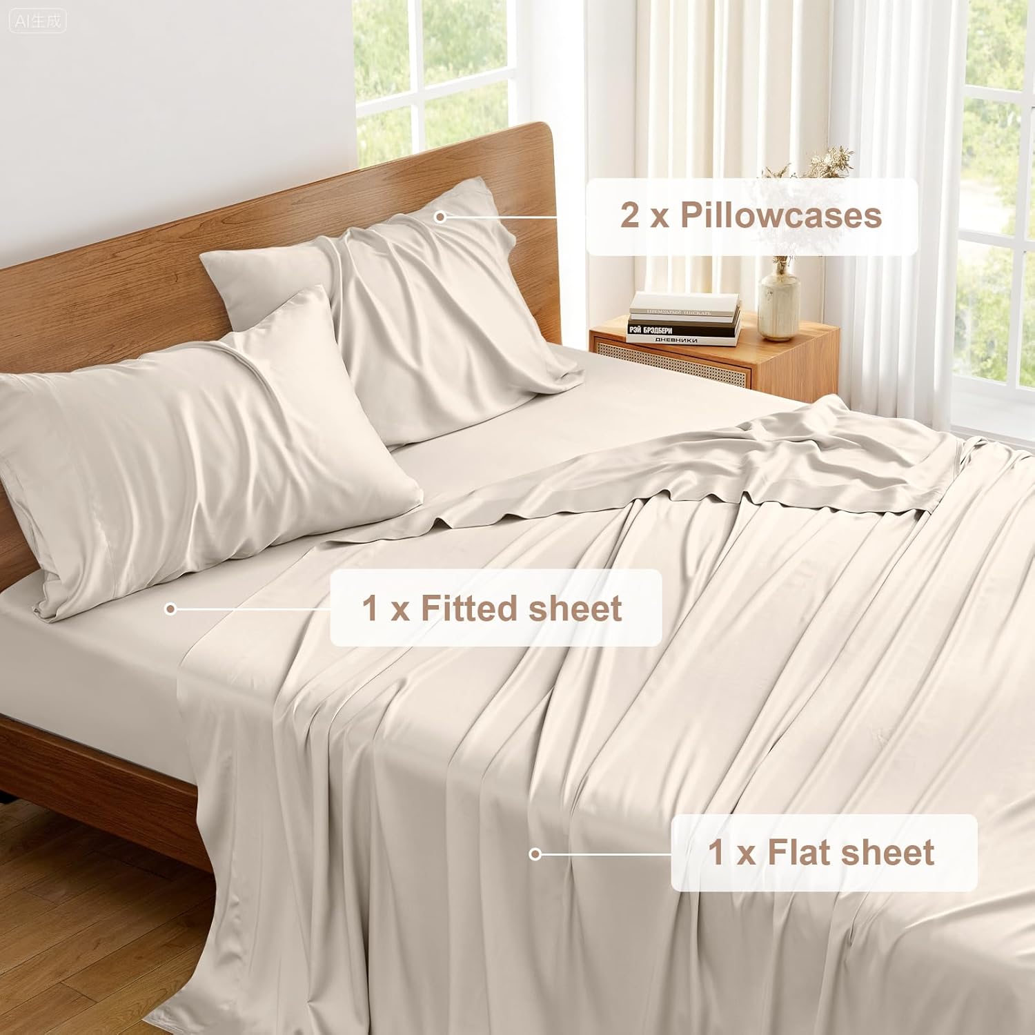 Vipfree California King Sheet Set, Cooling Rayon 4-Piece Bedding with Deep Pockets, Sand, 300 Thread Count