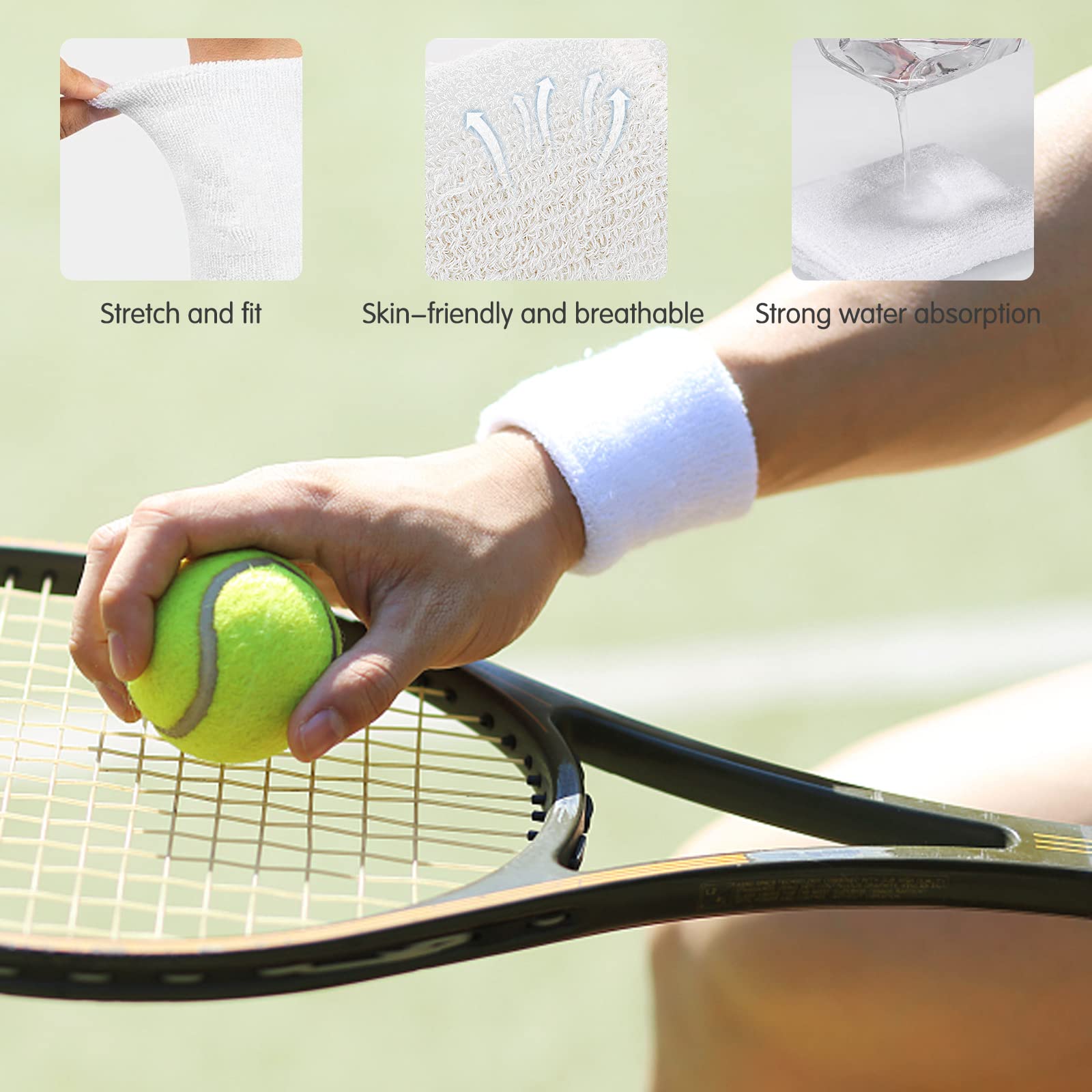 6 stuks sportpolsbanden elastische zweetbanden fitnessarm zweetband voor mannen vrouwen kinderen zachte katoenen armband armband van zweetband voor tennis basketbal voetbal (wit
