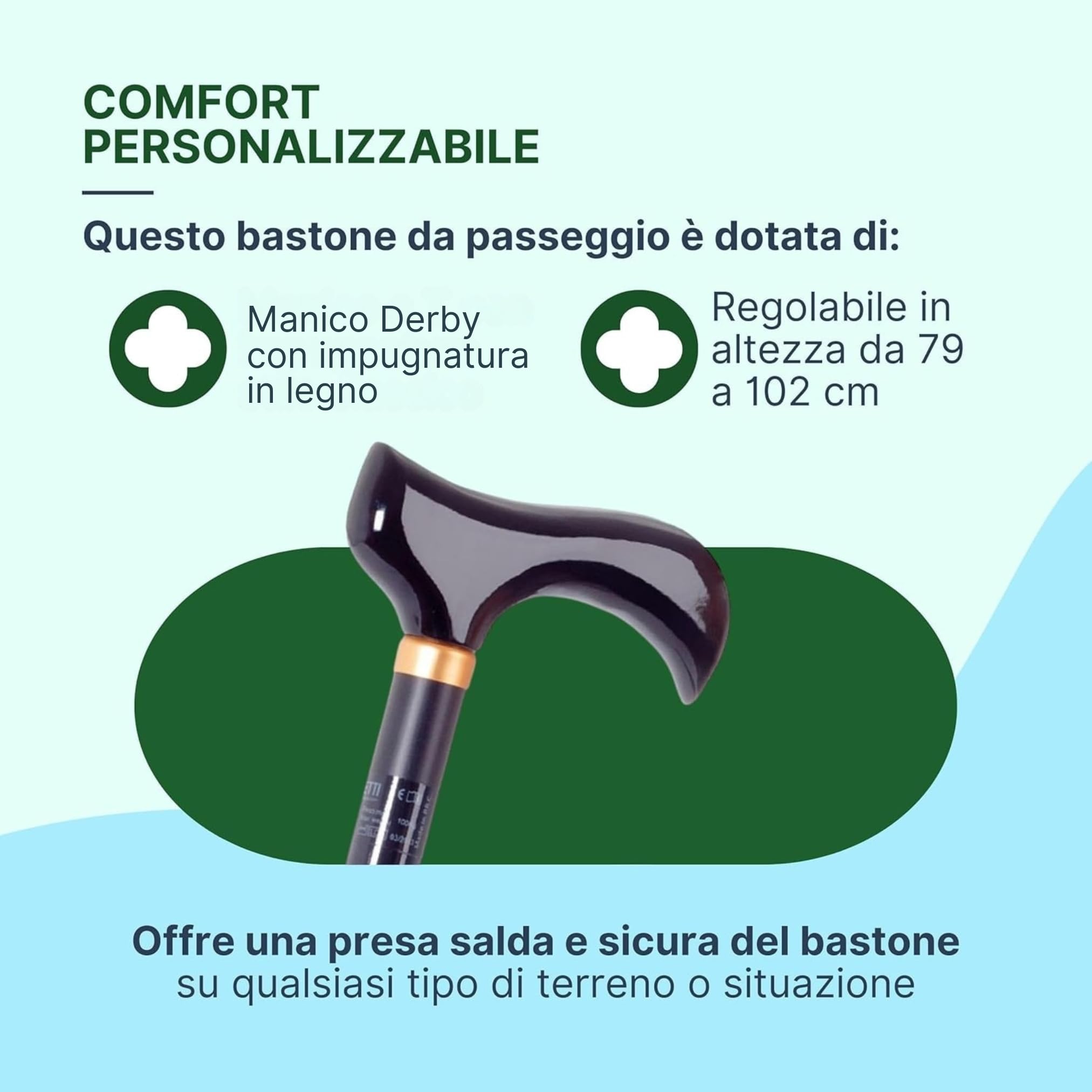 Bastone per Anziani in Alluminio Anodizzato con Impugnatura Anatomica in Legno, Bastone da Passeggio Regolabile H. 79-102 cm - Nero