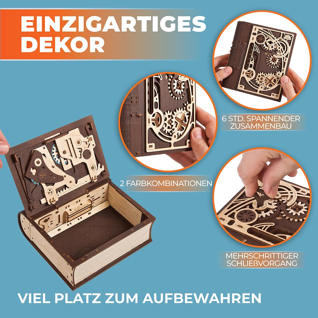 UGEARS Holzmodellbausätze zum Zusammenbauen – Buch der Geheimnisse 3D Holzpuzzles für Erwachsene mit Steampunk-Kombinationsschloss – Mechanische Puzzlebücher für Erwachsene 263 Teile