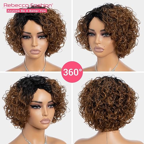 Miniatura 4 de Rebecca Fashion Pelucas de cabello humano corto ondulado para mujeres negras, linda peluca rizada estilo Bob, parte lateral, sin encaje, pelucas