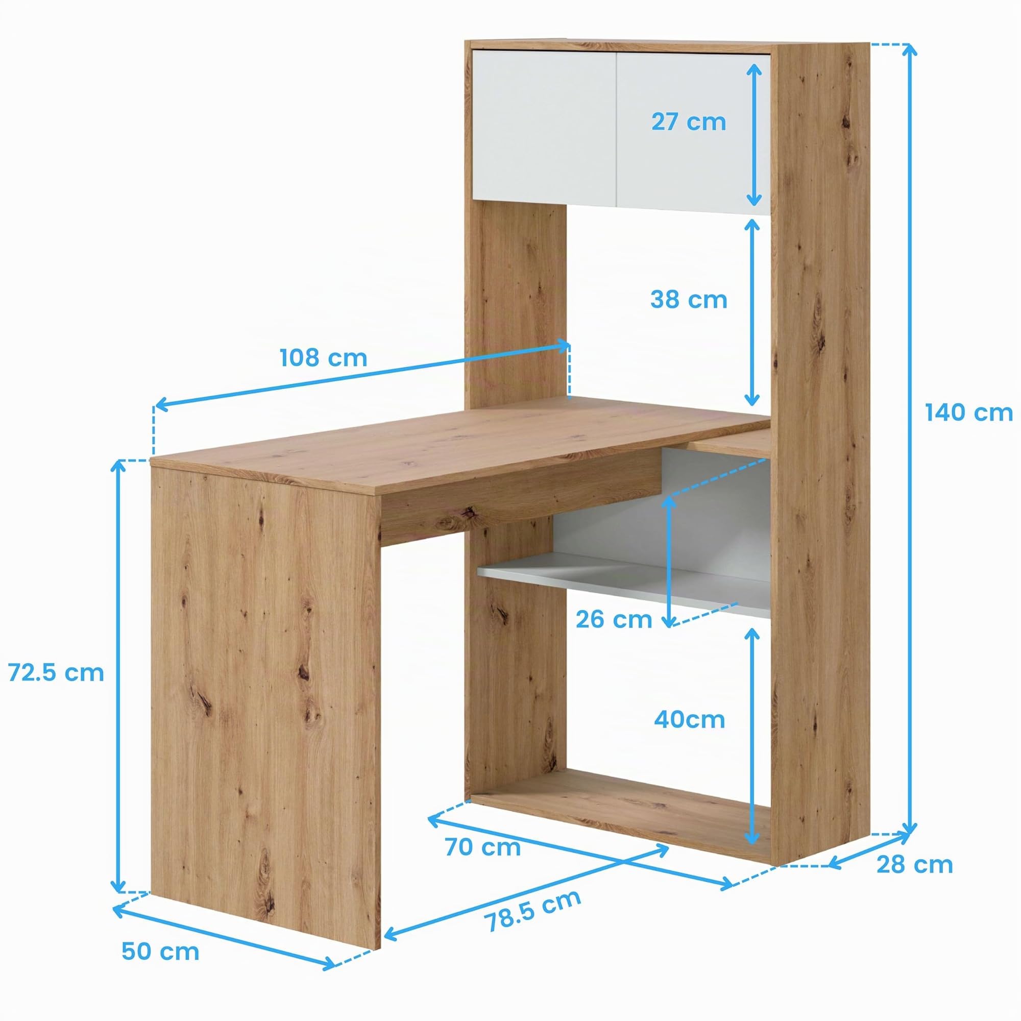Habitdesign Tavolo-Scaffale Reversibile a 3 Posizioni, Scrivania, Libreria, Sistema di Archiviazione, Modello Duo, Finitura Rovere Nodi e Bianco Artik