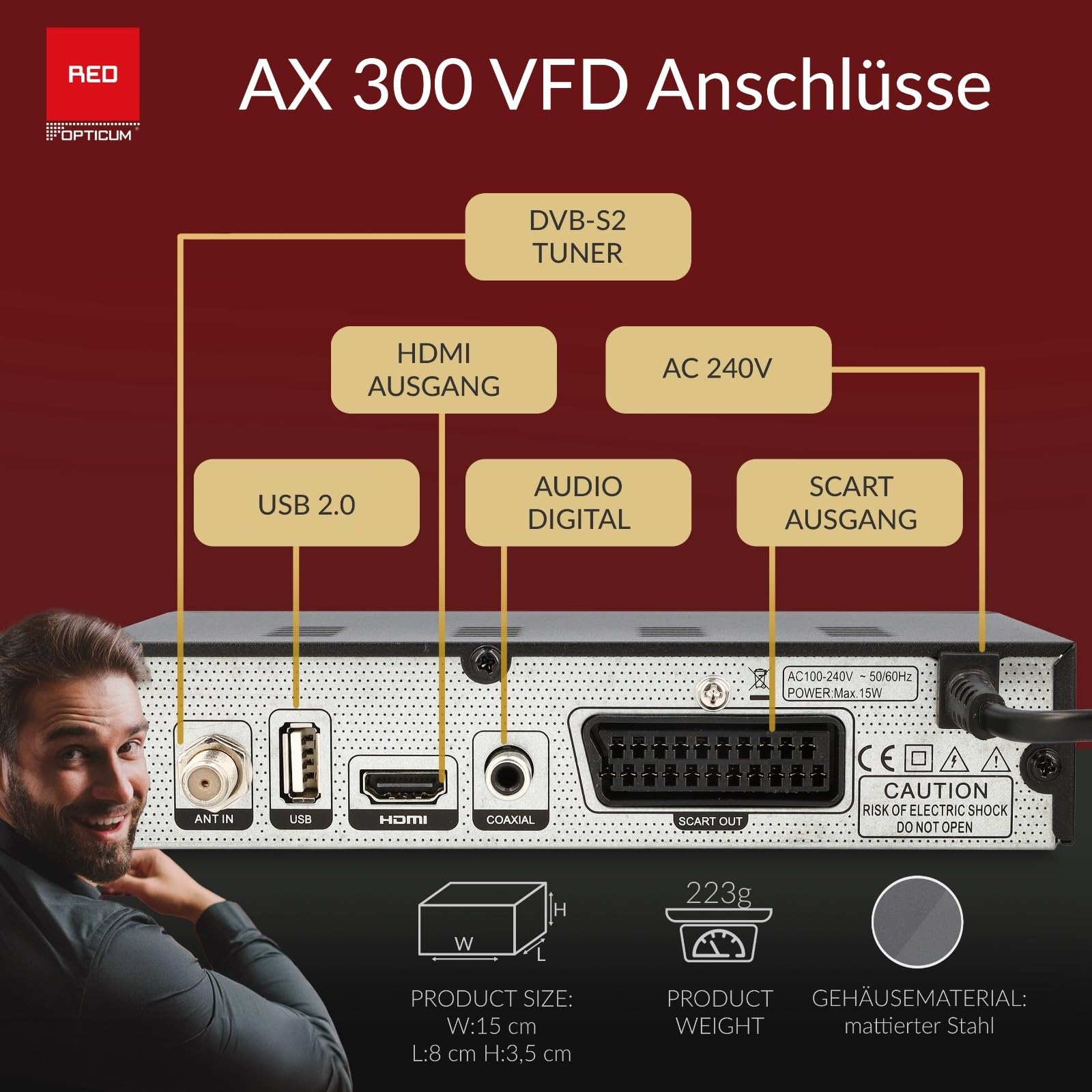 OPTICUM HD Sat Receiver AX 300 VFD Display PVR Ready USB TV Aufnahme HDMI SCART Coaxial Digital TV Receiver