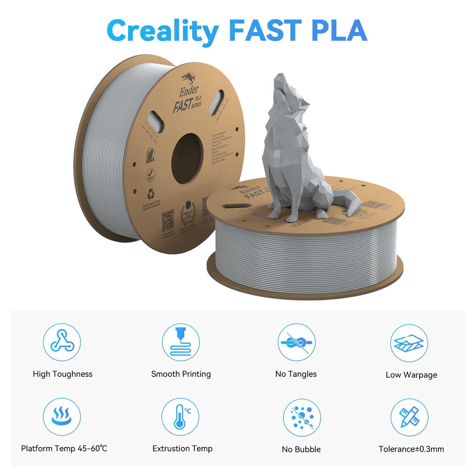Creality Fast PLA Filament, Filamento Argento 1,75 mm Fast PLA 1kg, Filamento PLA per Stampanti 3D Precisione Dimensionale +/- 0,03 mm, Materiali di Stampa 3D per la Maggior Parte Delle Stampanti 3D