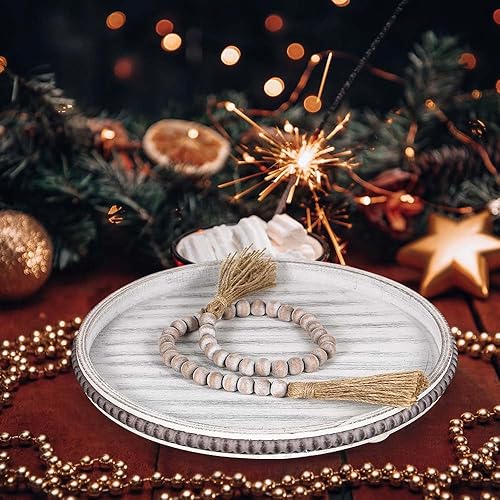 Miniatura 5 de Bandeja decorativa de madera de 12 pulgadas, bandeja redonda con cuentas de madera, bandeja decorativa para mesa de café, bandeja redonda para
