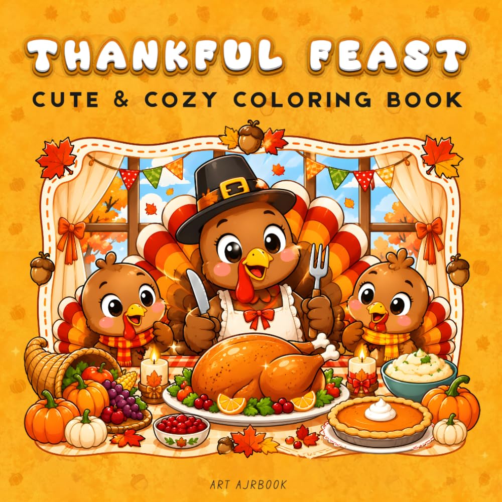 THANKFUL FEAST: Bold & Easy Coloring Book for Kids and Families | Cute & Cozy Thanksgiving Coloring Pages for Relaxation and Fun | Turkeys, Pumpkins, Harvest Tables and More!