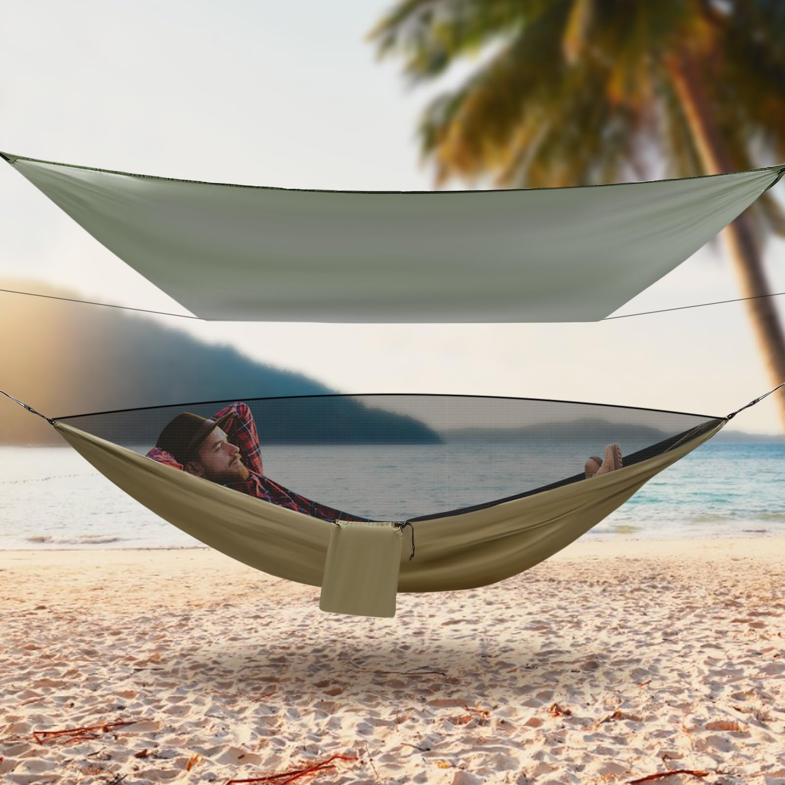 Hamac d'extérieur, hamac de camping, hamac avec moustiquaire, tente et bâche anti-mouche, hamac pour sac à dos, voyage, randonnée, jusqu'à 200 kg, vert