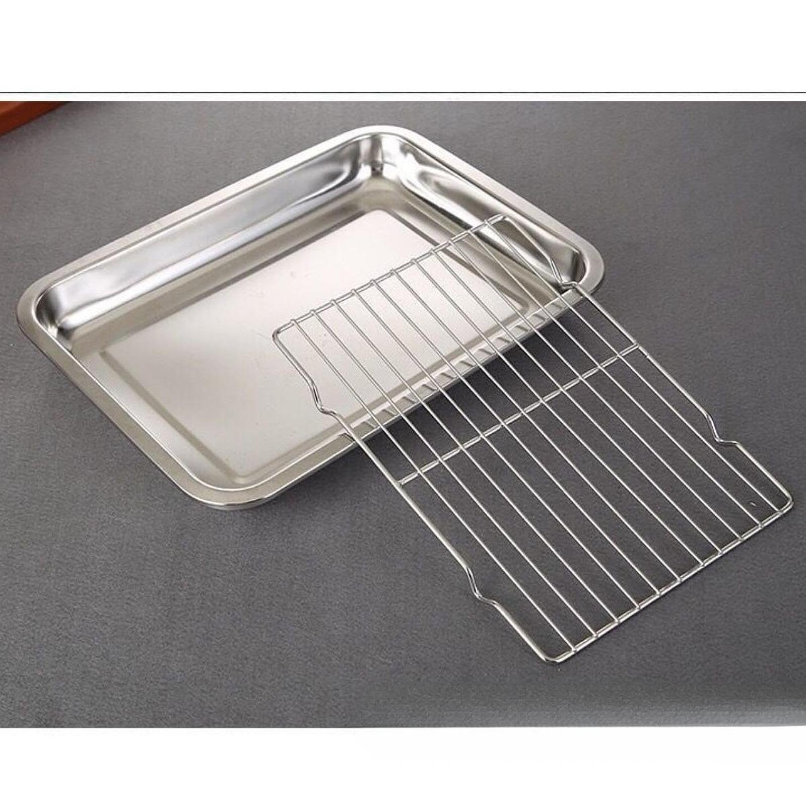 Teglia in Acciaio Inox con Griglia di Raffreddamento, Leccarda per Forno Rettangolare, Materiali Sicuri, Antiruggine e Facilissima da Pulire per Croccante, Frittura e Barbecue, 60 X 40 X 4.8 cm