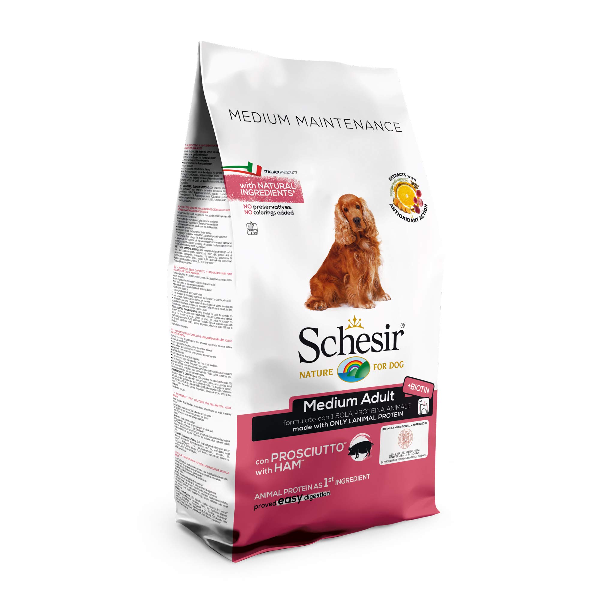 Schesir, pienso para Perros adultos de tamaño mediano, sabor jamón, línea mantenimiento, croquetas - formato bolsa de 12 kg
