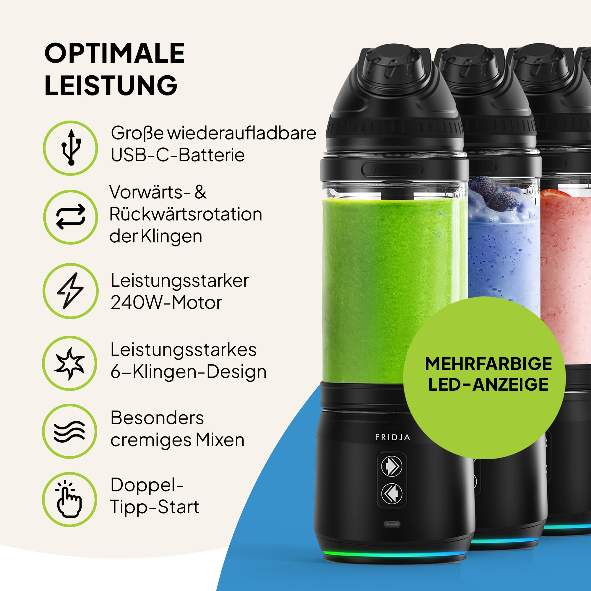 Fridja F500 Tragbarer Mixer – Premium USB-C wiederaufladbar, auslaufsicher & kompakt – BPA-frei, 6 gezackte Edelstahl-Klingen, 240W, 700 ml – Ideal für Smoothies, Proteinshakes, Reisen & Fitnessstudio