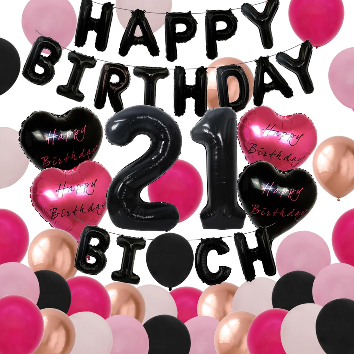 21st Birthday Decorations for Her Black Pink 21 Bday Party Decorations for Women, Black 21 Balloon Number Happy Bday Banner, 21st Birthday Decor 21st Balloons for Her, Finally 21 Party Supplies