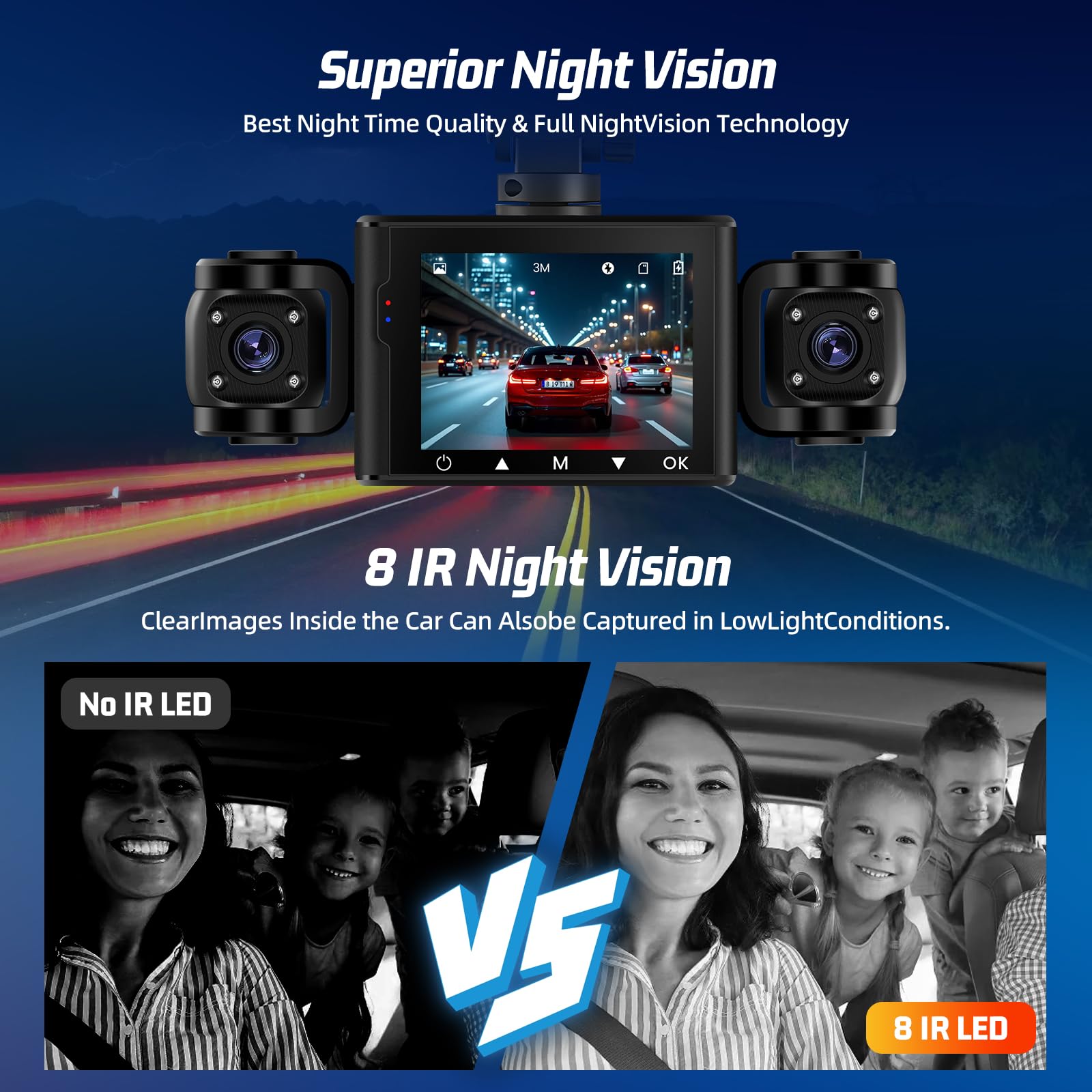 Dash Cam Auto 3 Canali con Scheda 64GB – Dashcam Fronte Retro e Interno, Full HD 1080P, Visione Notturna, Parking Mode, Rilevamento Movimento, Mini Cam Auto, Rotazione Obiettivo