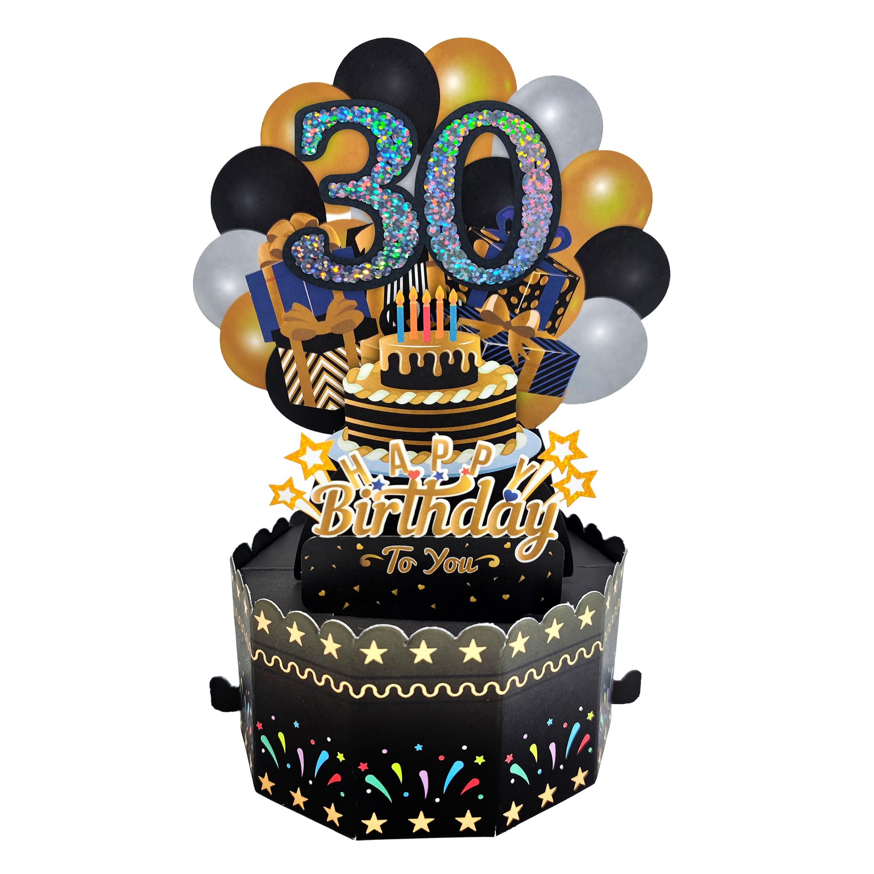 Glittery 3D 30th Birthday Pop Up Card Gold and Black with Envelope - Iridescent Happy Birthday Greeting Card, Perfect Congratulation Card and Personalized Gift for Birthday Party