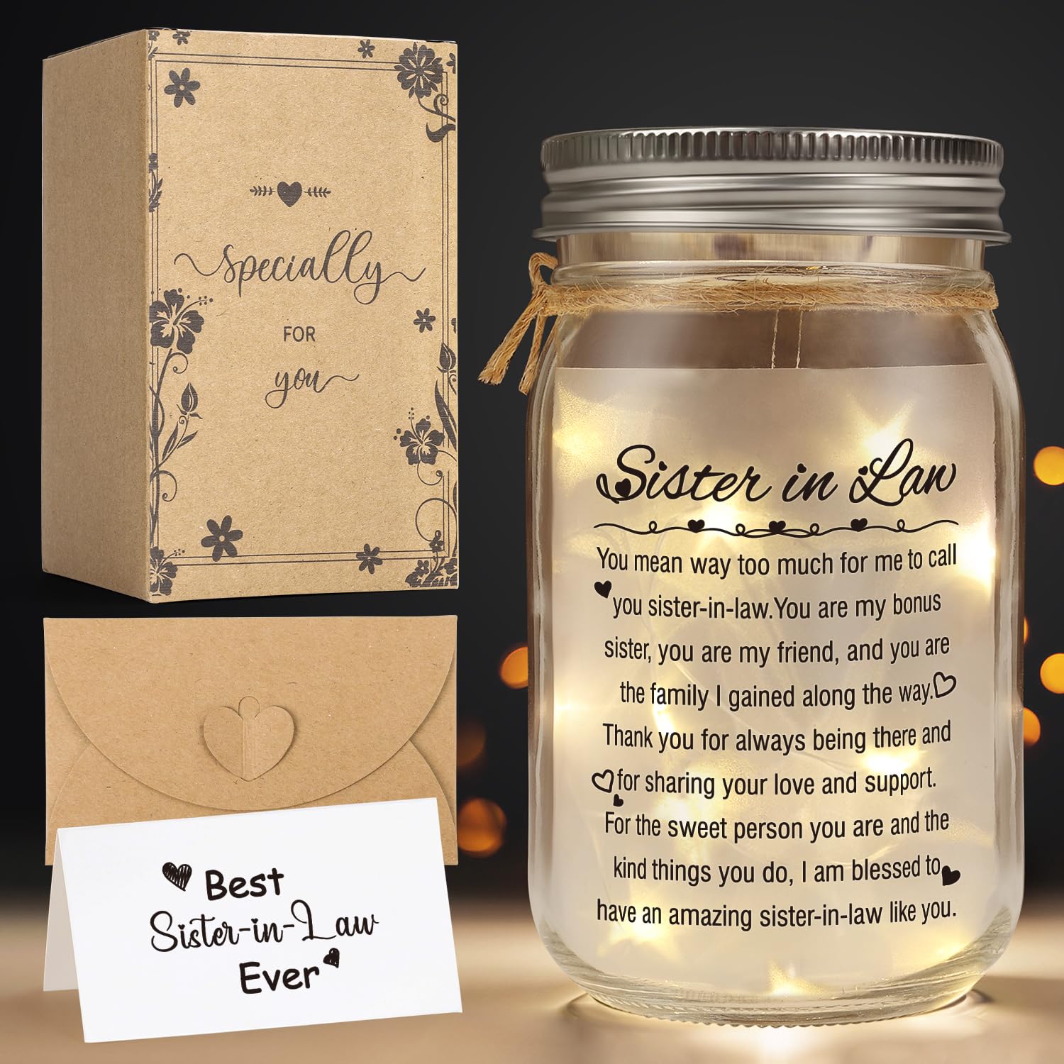 Sister-in-Law Mason Jar Night Light,Sister-in-Law Gifts for Women Best Sister-in-Law Birthday Gifts for New Sister-in-Law Thanksgiving Christmas