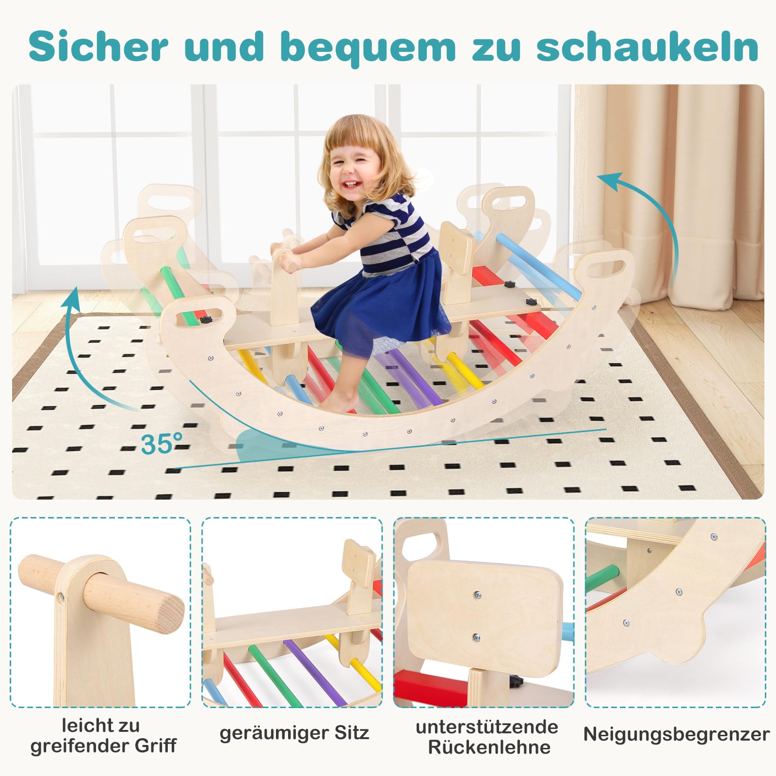 COSTWAY Kletterbogen, mit abnehmbarem Sitz, 4 in 1 Klettergerüst Indoor zum Wippen, Schaukeln, Klettern und Krabbeln, Kletterdreieck Holz, Bogenwippe für Kinder ab 1 Jahre, Sitzhöhe 23,5cm (Bunt)