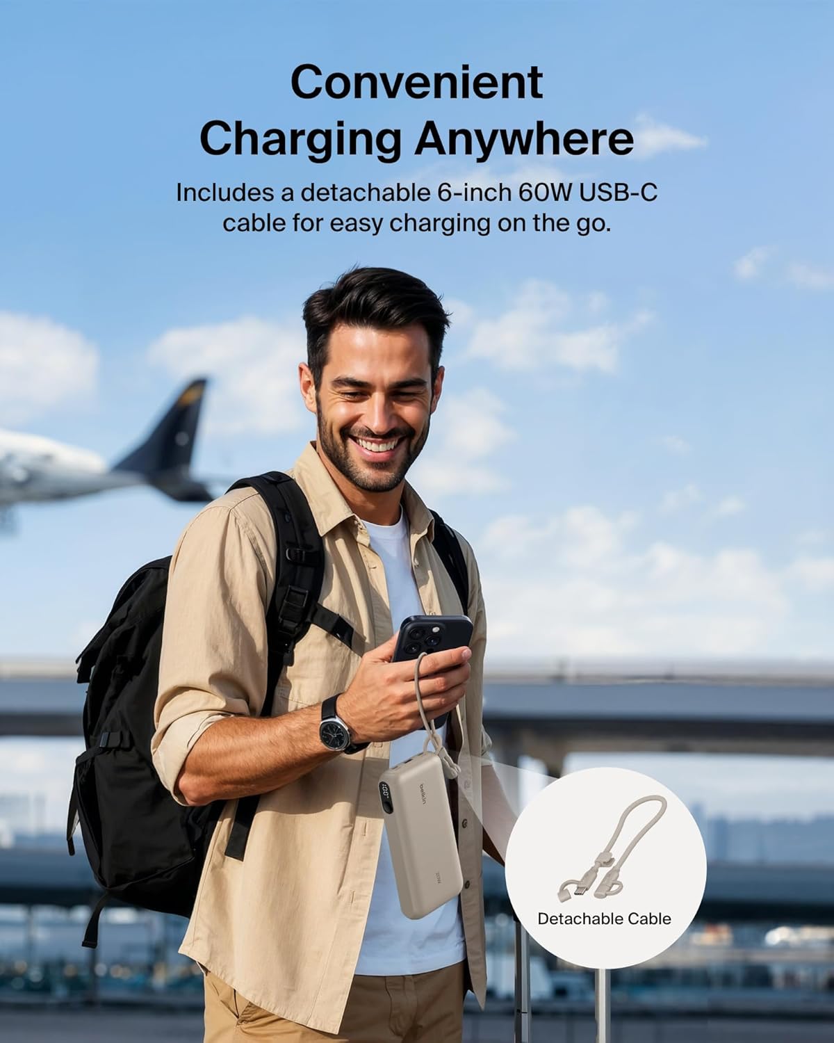 Belkin Portable Charger, USB-C Power Bank 20,000mAh w/ 2X USB-C Ports & 1x A Port, Digital Battery Display, 20W Charging for iPhone 17, Air, Pro, Samsung Galaxy S25, Pixel 10, iPad, & More - Sand - Image 5