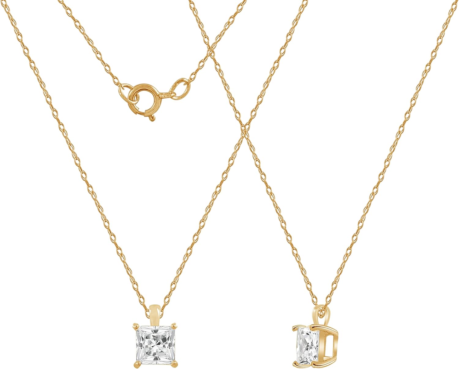DIAMONBLISS 10K or 14K Real Solid Gold Princess cut Solitaire Necklace for Women