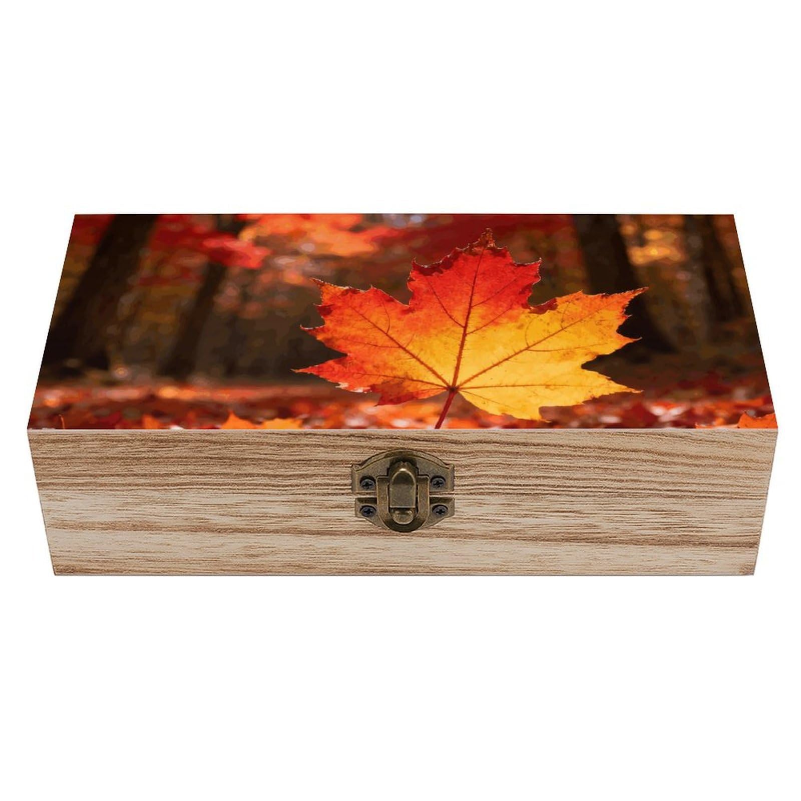 LZQPOEAS Fall Maple Leaves Wooden Storage Box Small Decorative Box with Hinged Lid Handmade Elegant Keepsake Storage Box for Jewelry, Photos, Trinkets, Letter Gifts, Small Heirlooms