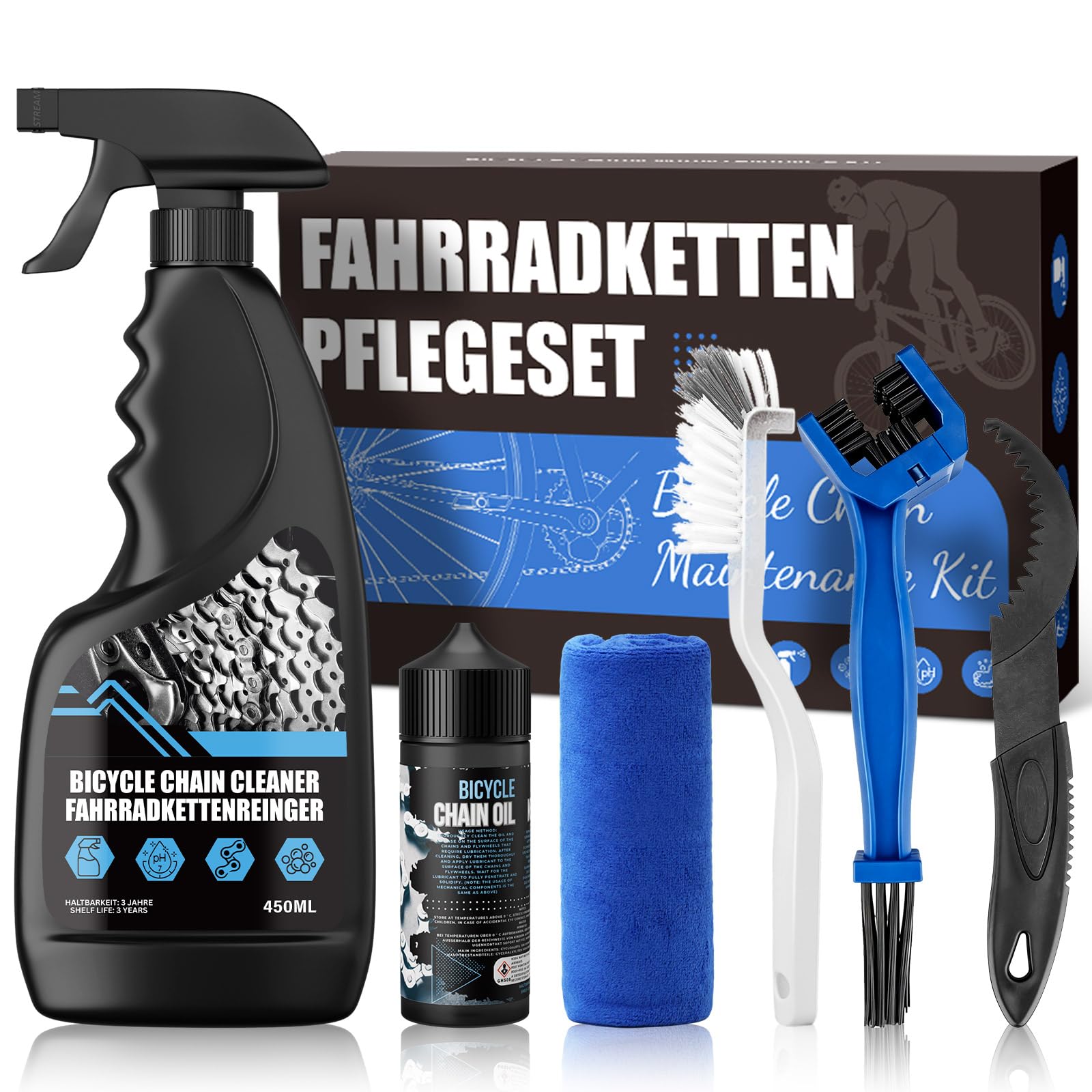 ytorgr Bike Cleaner,6IN1 Bicycle Chain Cleaning Kit with 450ml Cleaner+120ml Chain Oil+Cleaning Brushes+Microfiber Cloth for All Bike Styles