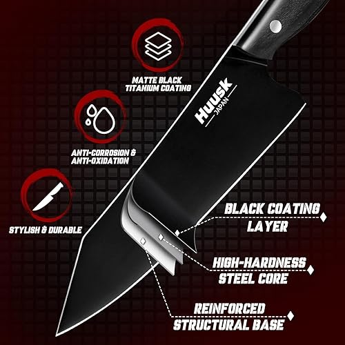 Miniatura 3 de Huusk Cuchillo de chef japonés para cocina, cuchillo Kirisuke de 7 pulgadas con revestimiento de titanio negro, cuchillos de cocina de acero