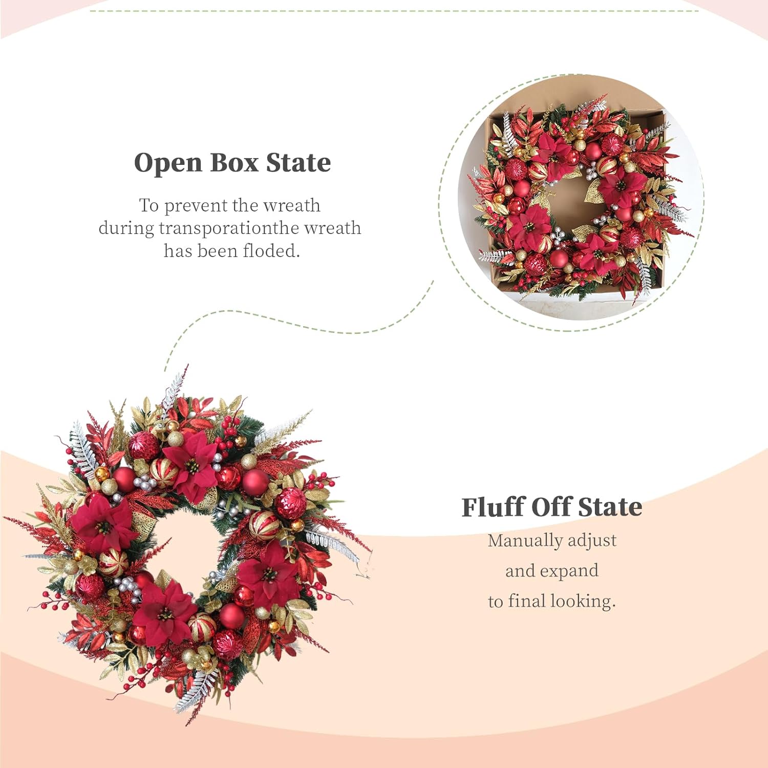 24-inch Christmas Wreath Handcrafted Red Gold Glitter Ball Red Flower Pine Needle Wreath Christmas Thanksgiving Front Door Fireplace Window Decoration Party Wedding Courtyard Decoration