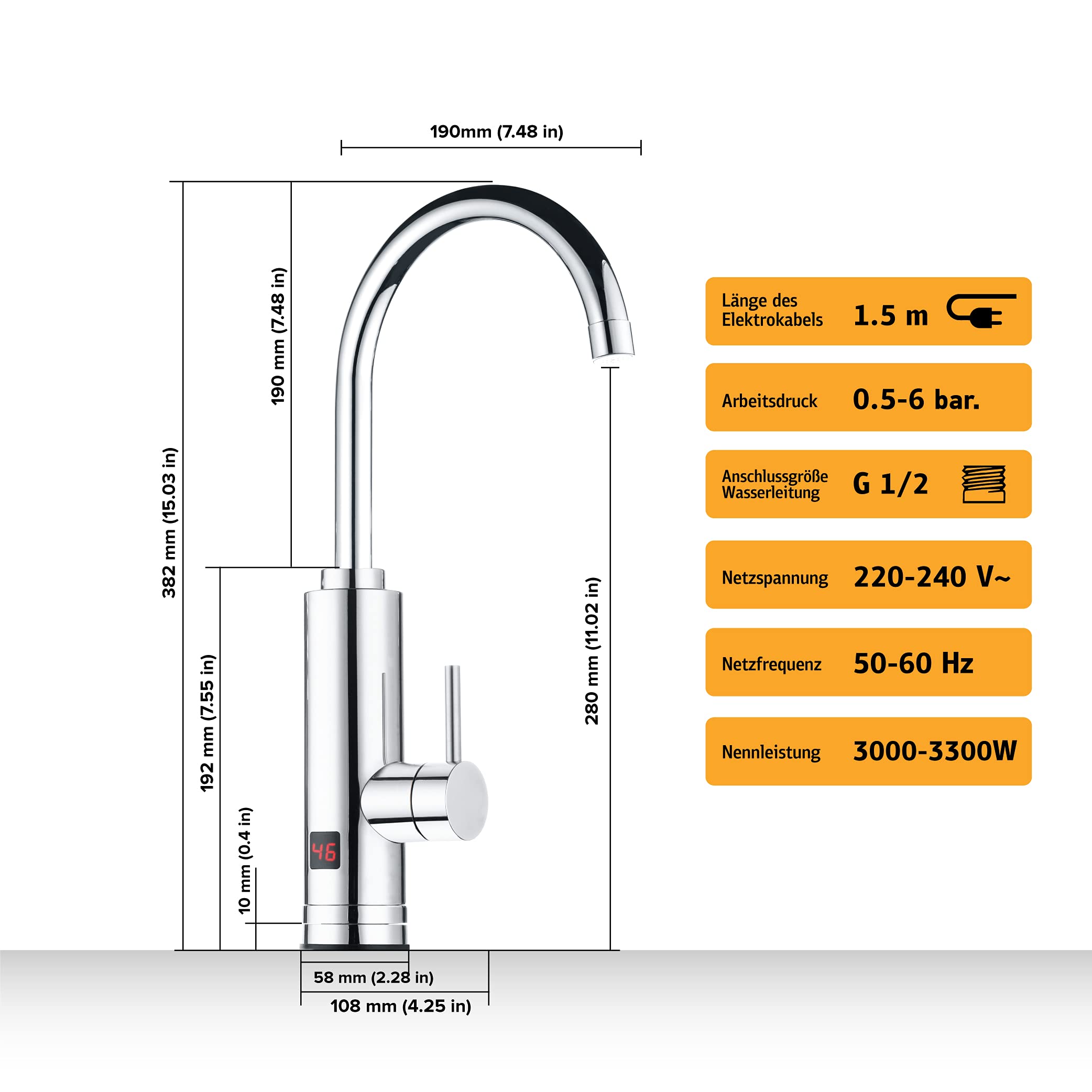 HOGART Elektrische Wasserhahn mit Durchlauferhitzer 230v für Küche, Garten, Bad, Wohnwagen, Camping, 2 Aufsätze, Smart Heater, Armatur mit Sofortiger Warmwasserbereiter, Warmwasserhahn, Wasserboiler