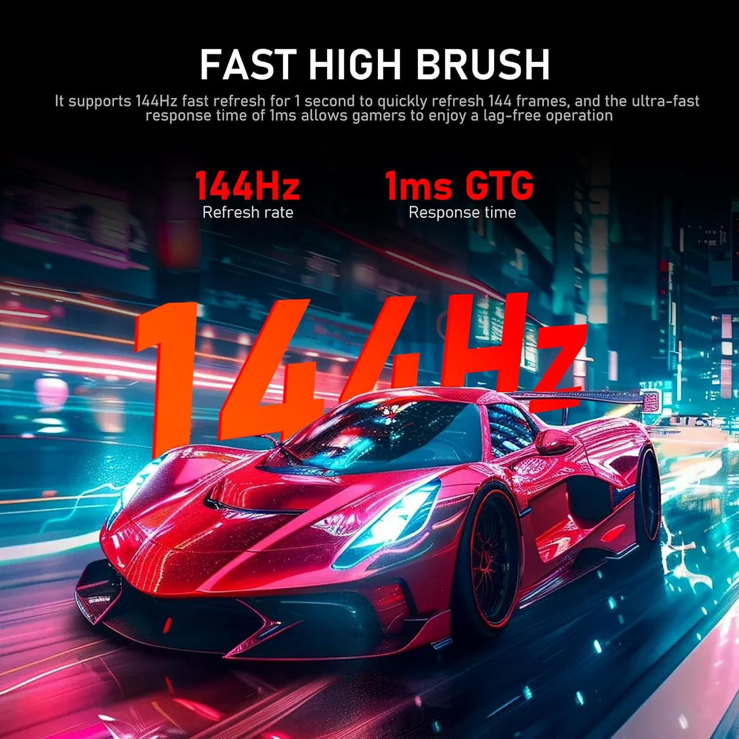 Image depicting a fast-moving car on the monitor, with text highlighting 144Hz refresh rate and 1ms GTG response time.