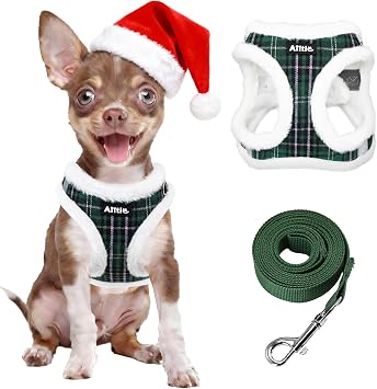 AIITLE Christmas Soft & Warm Dog Harness and Leash Set - Checkered Design, Reflective, No-Choke, Secure with Hook & Loop Fastener, Adjustable for Small Dogs - Running, Camping Green, XS