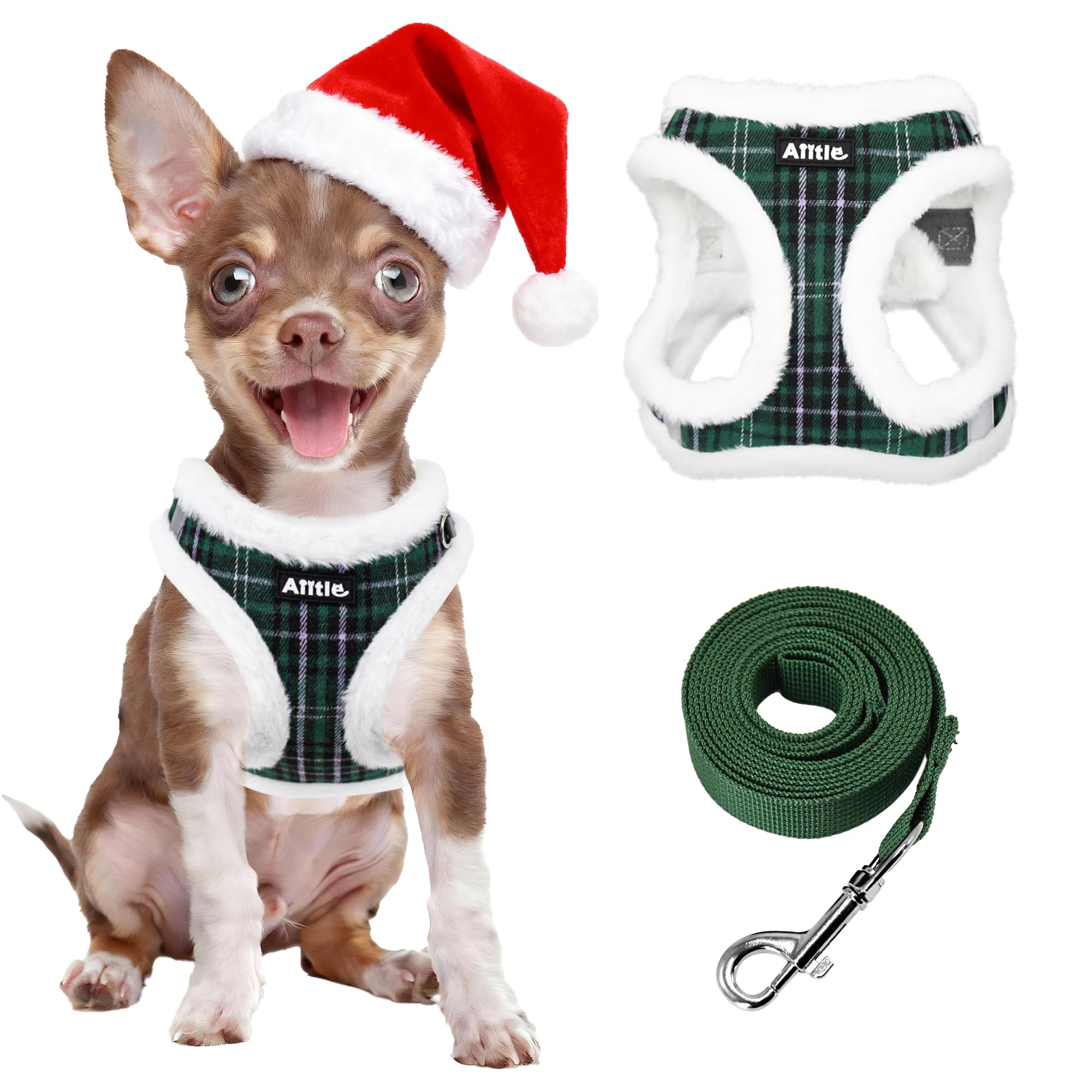 AIITLE Christmas Soft & Warm Dog Harness and Leash Set - Checkered Design, Reflective, No-Choke, Secure with Hook & Loop Fastener, Adjustable for Small Dogs - Running, Camping (Green, XS)