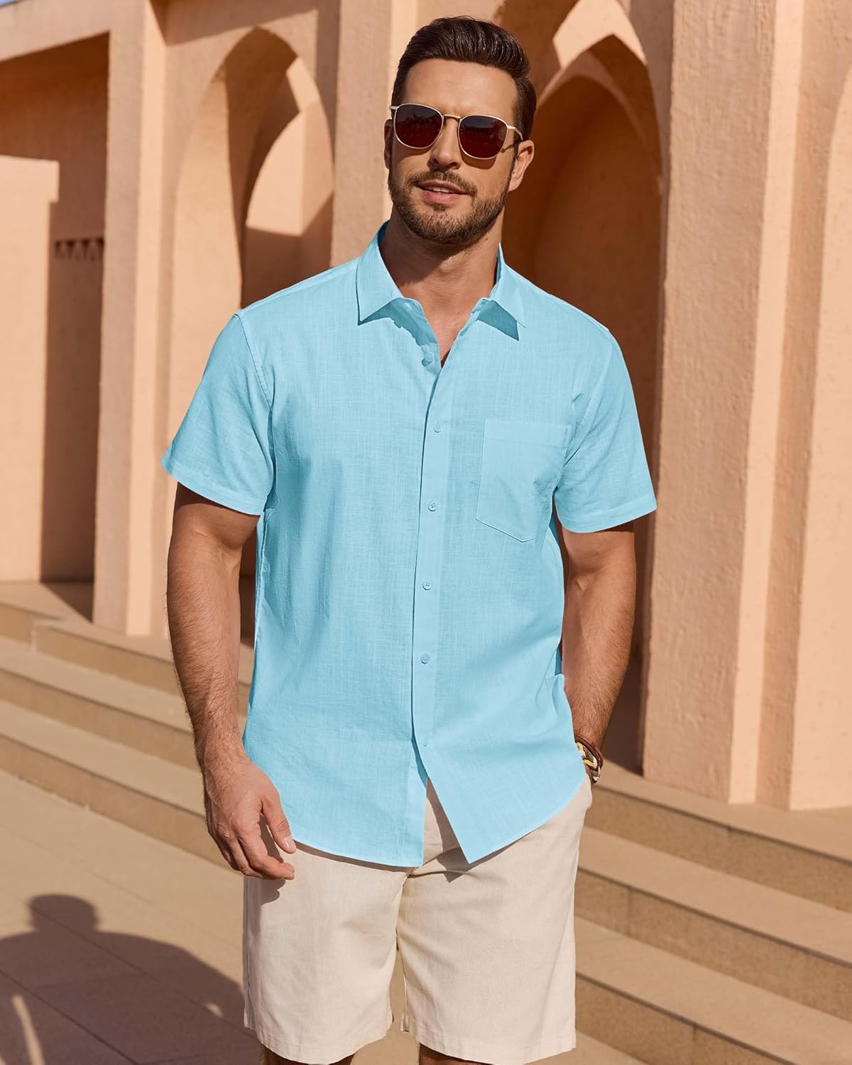 Linen Shirts for Men Short Sleeve Button Down Casual Shirt Cotton Beach Summer Collared Top with Pocket - Image 4