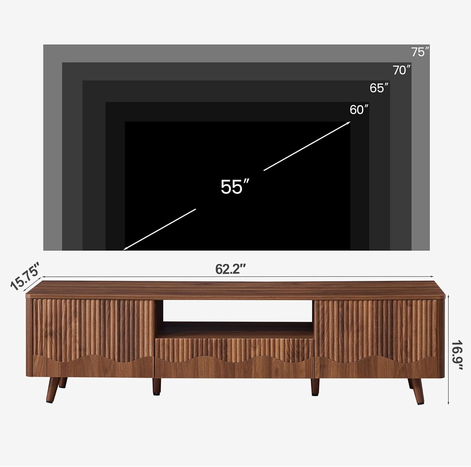 BERRYMERRY 62.2” Fluted Wave TV Stand for TVs up to 75”, Entertainment Center TV Console Table with Drawers and Open Shelves for Living Room Bedroom (Walnut)