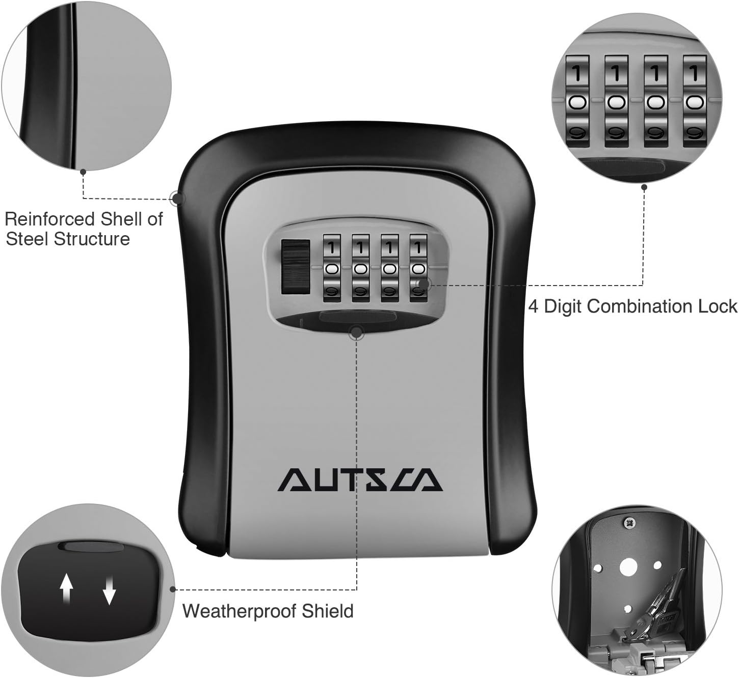 AUTSCA Key Box Wall-mounted Stainless Steel Key Safe Weatherproof 4 Digit Combination Suitable for Warehouse, Family